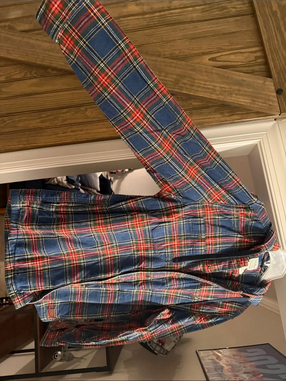 L.L. Bean Blue and Red Plaid Hooded Button-Down Shirt
